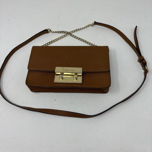 Michael Kors Crossbody Flap Top Bag Chain Wax Canvas Tan Gold - Picture 10 of 10